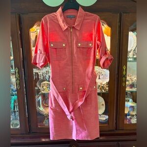 Sharagano Half Zip Belted Roll Tab Sleeve Shift Dress Size 10 Coral
